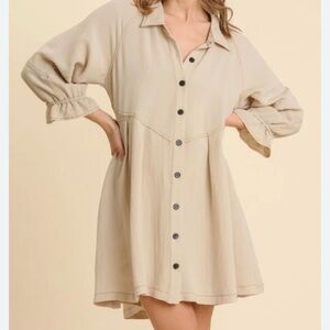 Umgee Beige Long Sleeve Button-Up Dress
